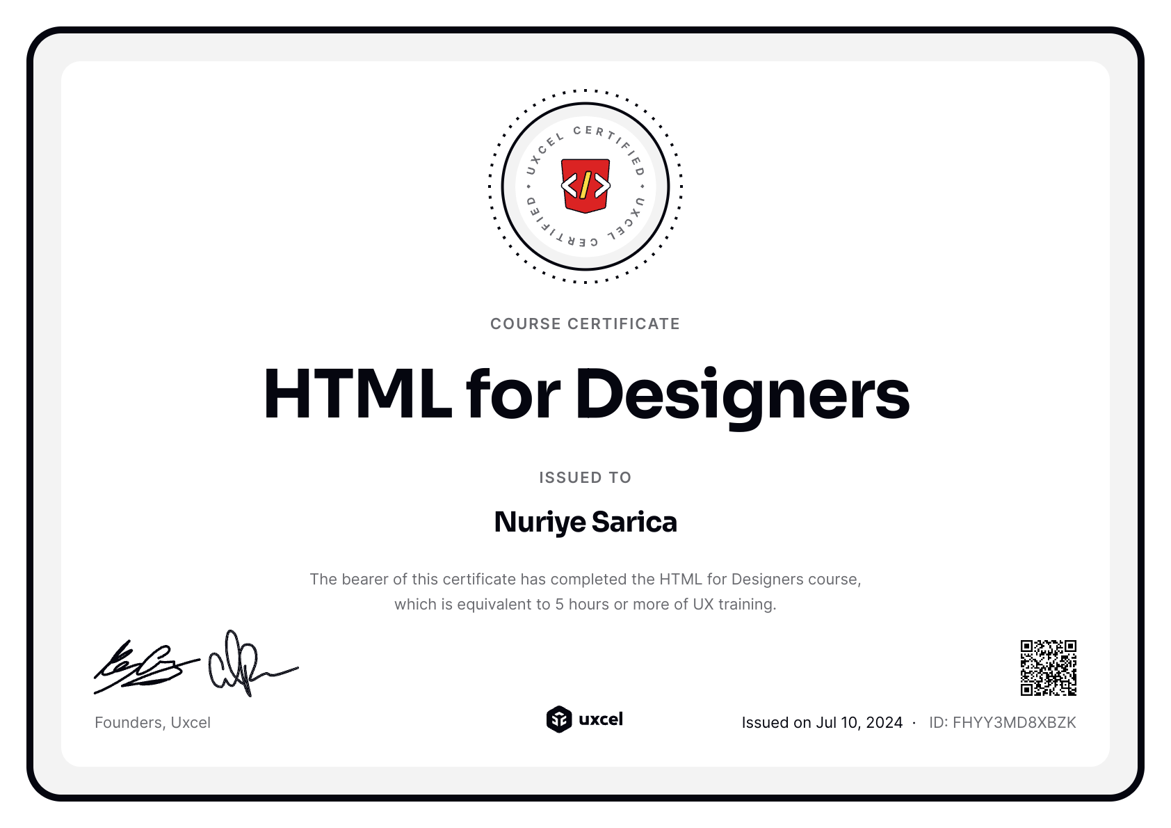 Nuriye Sarica's certificate
